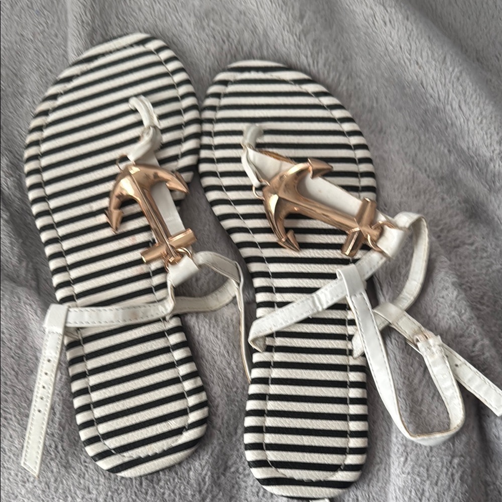 Striped Sandals with Gold Anchor Detail